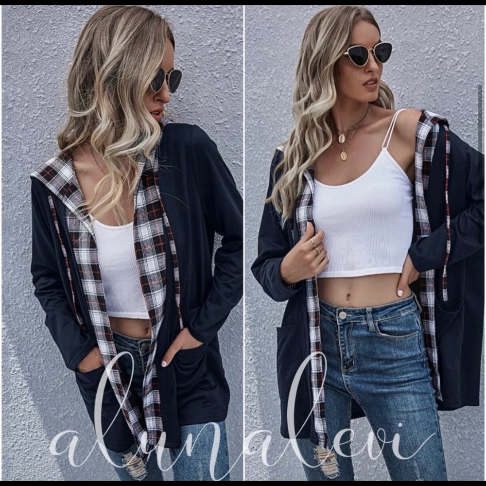 HP💥Black Plaid Hoodie Jacket Coat with Pockets - Picture 6 of 6